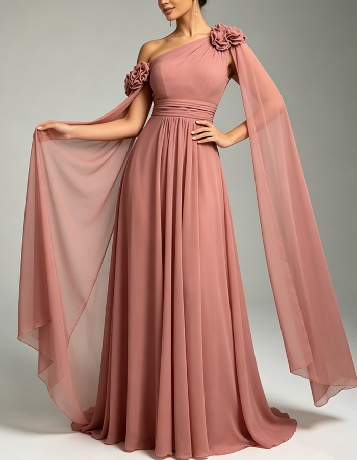 Rose Pink One-shoulder Chiffon Maxi Dress