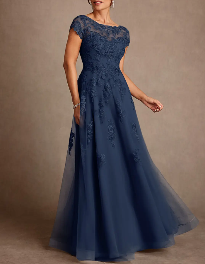 Boat-neck Lace Tulle A-line Maxi Dress
