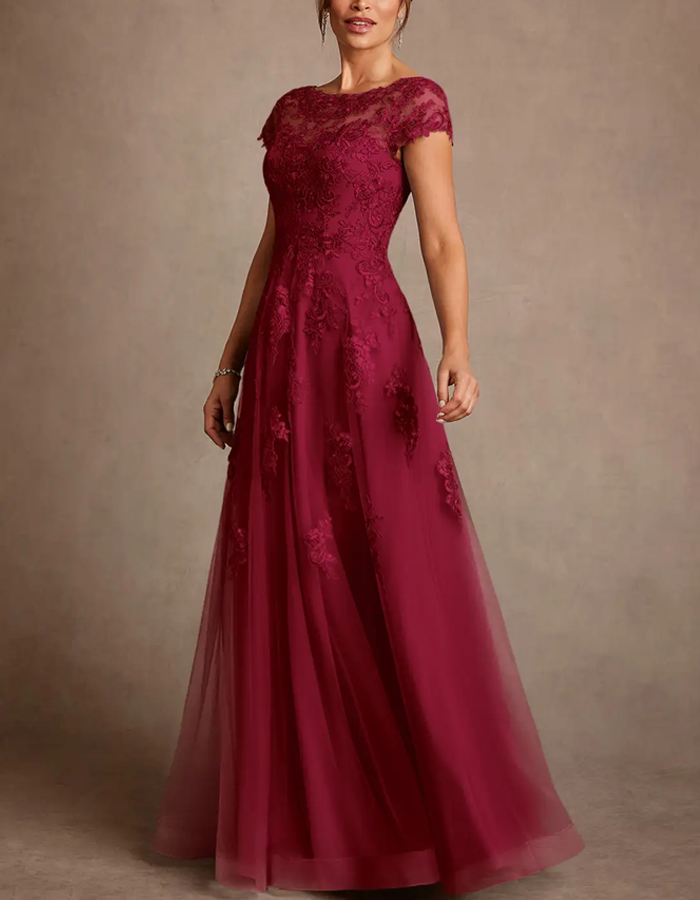 Boat-neck Lace Tulle A-line Maxi Dress