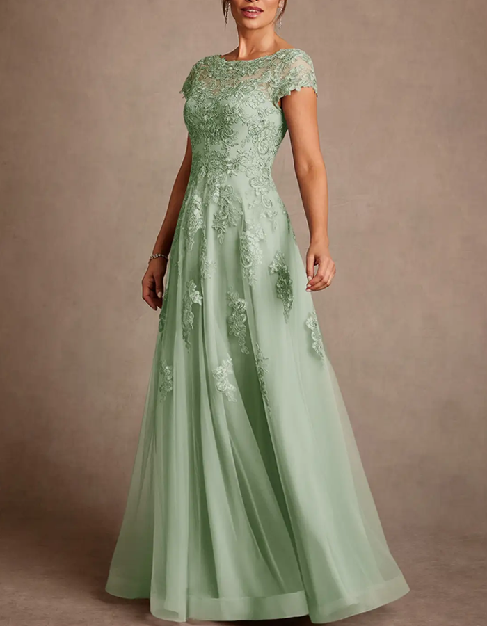 Boat-neck Lace Tulle A-line Maxi Dress