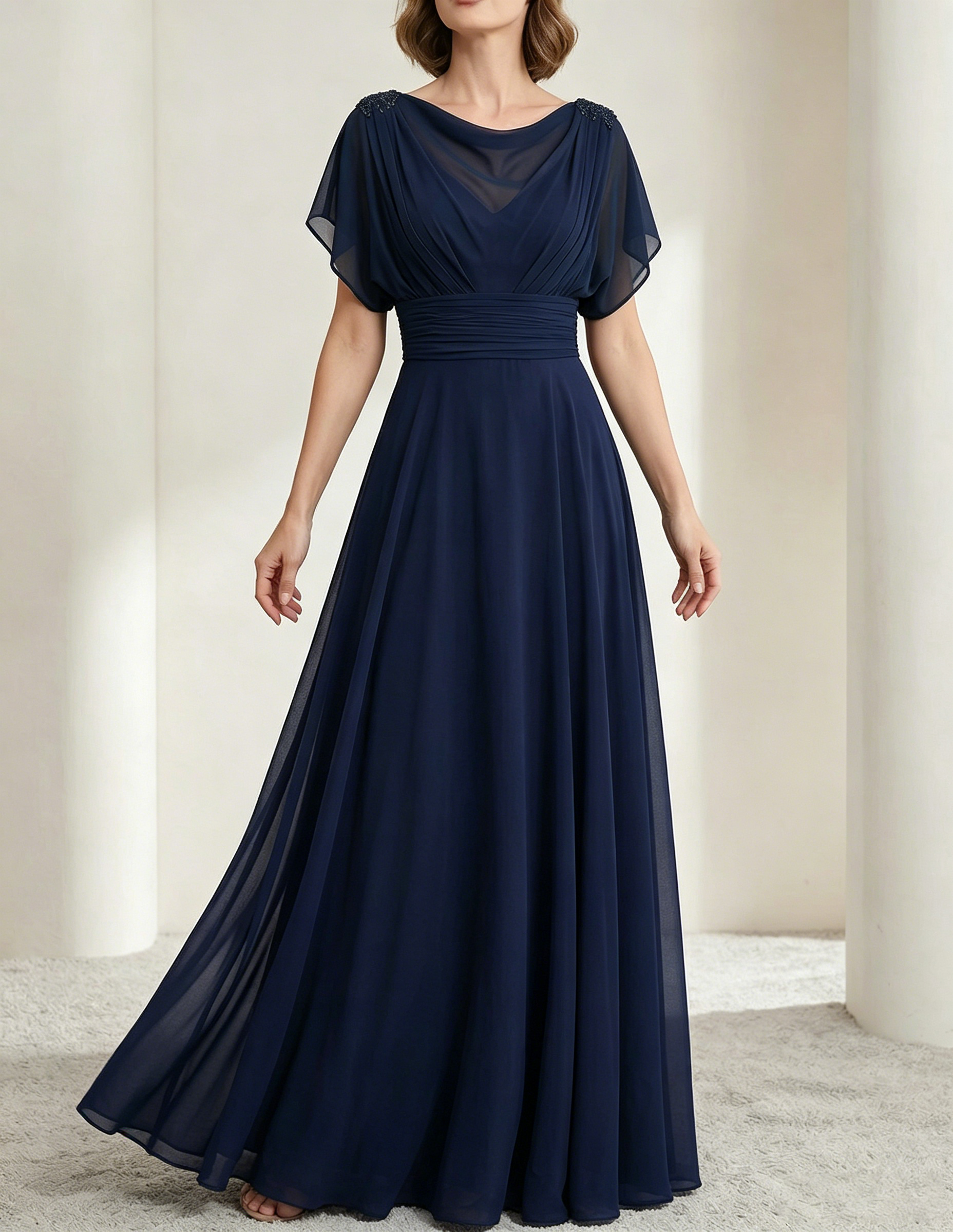 Dark Green Chiffon Draped Neckline Fitted Waist Maxi Dress