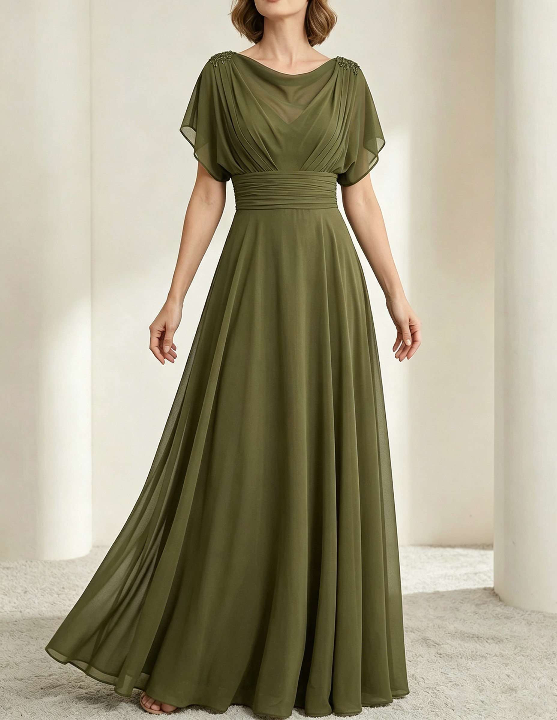 Dark Green Chiffon Draped Neckline Fitted Waist Maxi Dress