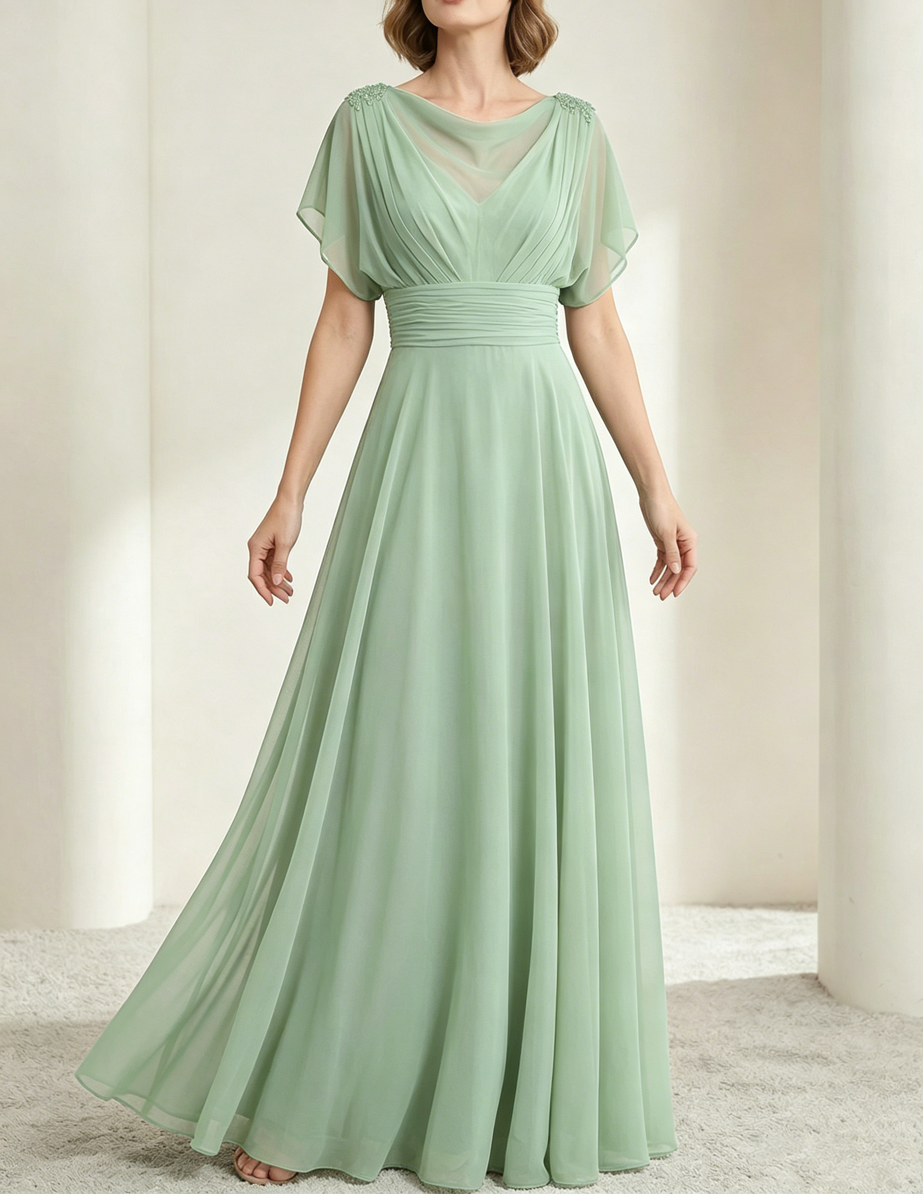 Dark Green Chiffon Draped Neckline Fitted Waist Maxi Dress