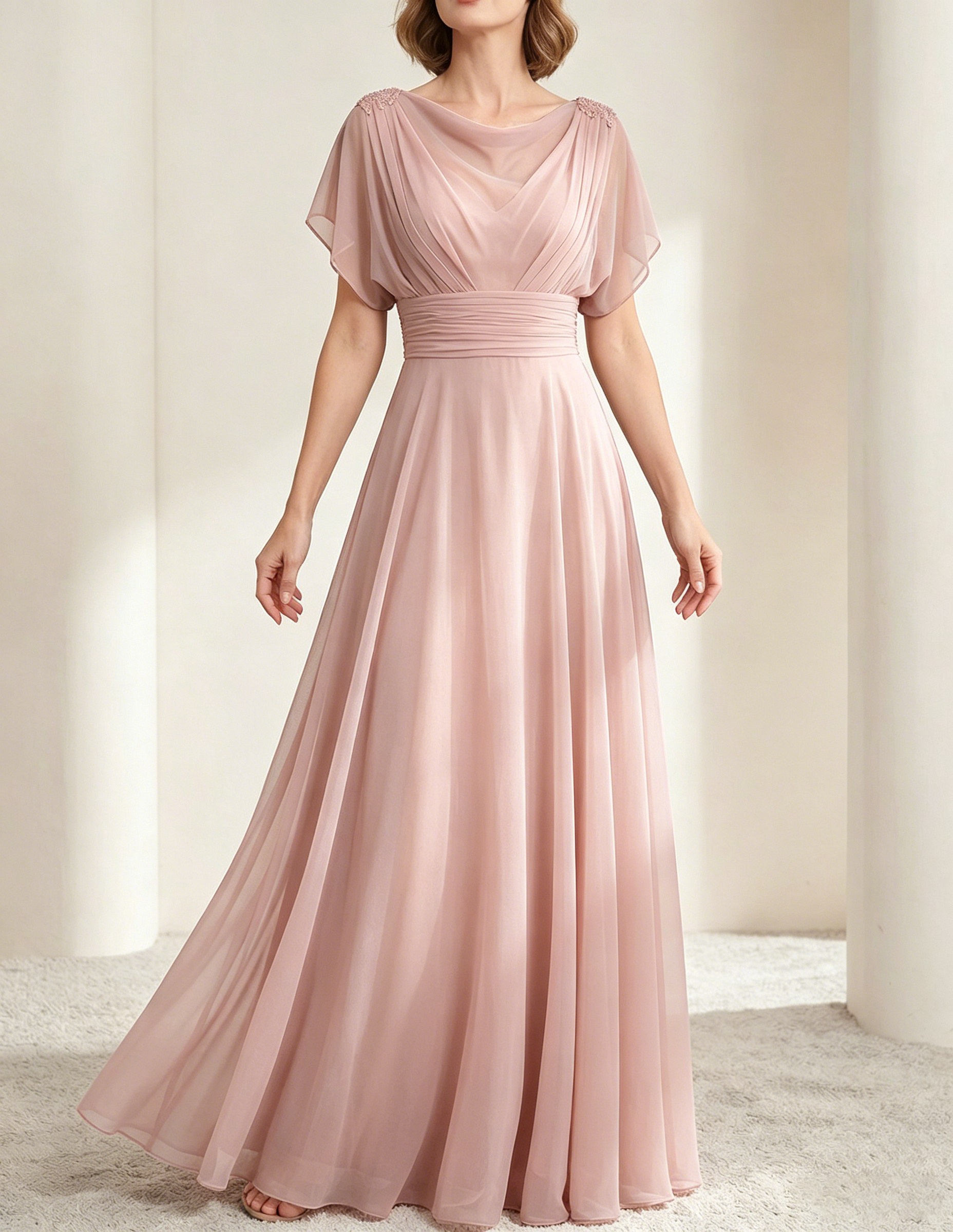 Dark Green Chiffon Draped Neckline Fitted Waist Maxi Dress
