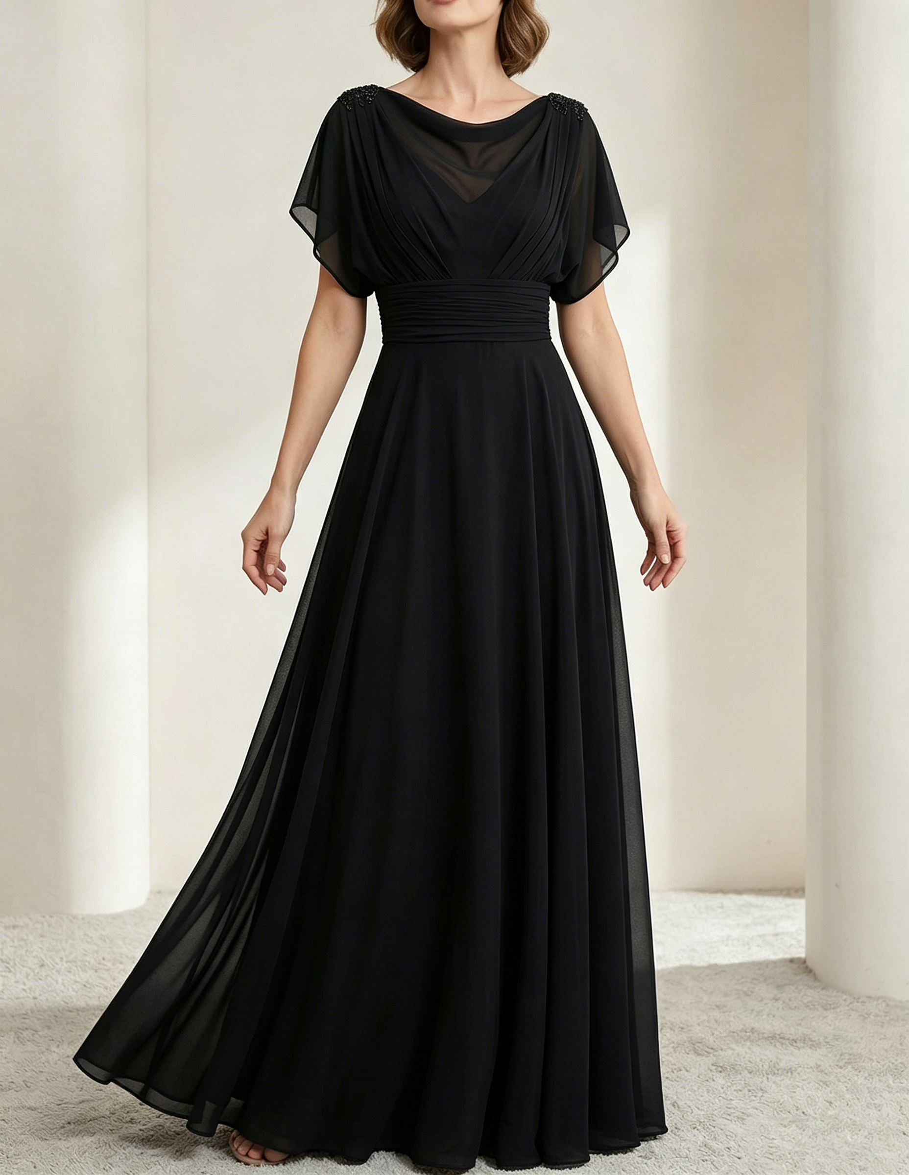 Dark Green Chiffon Draped Neckline Fitted Waist Maxi Dress