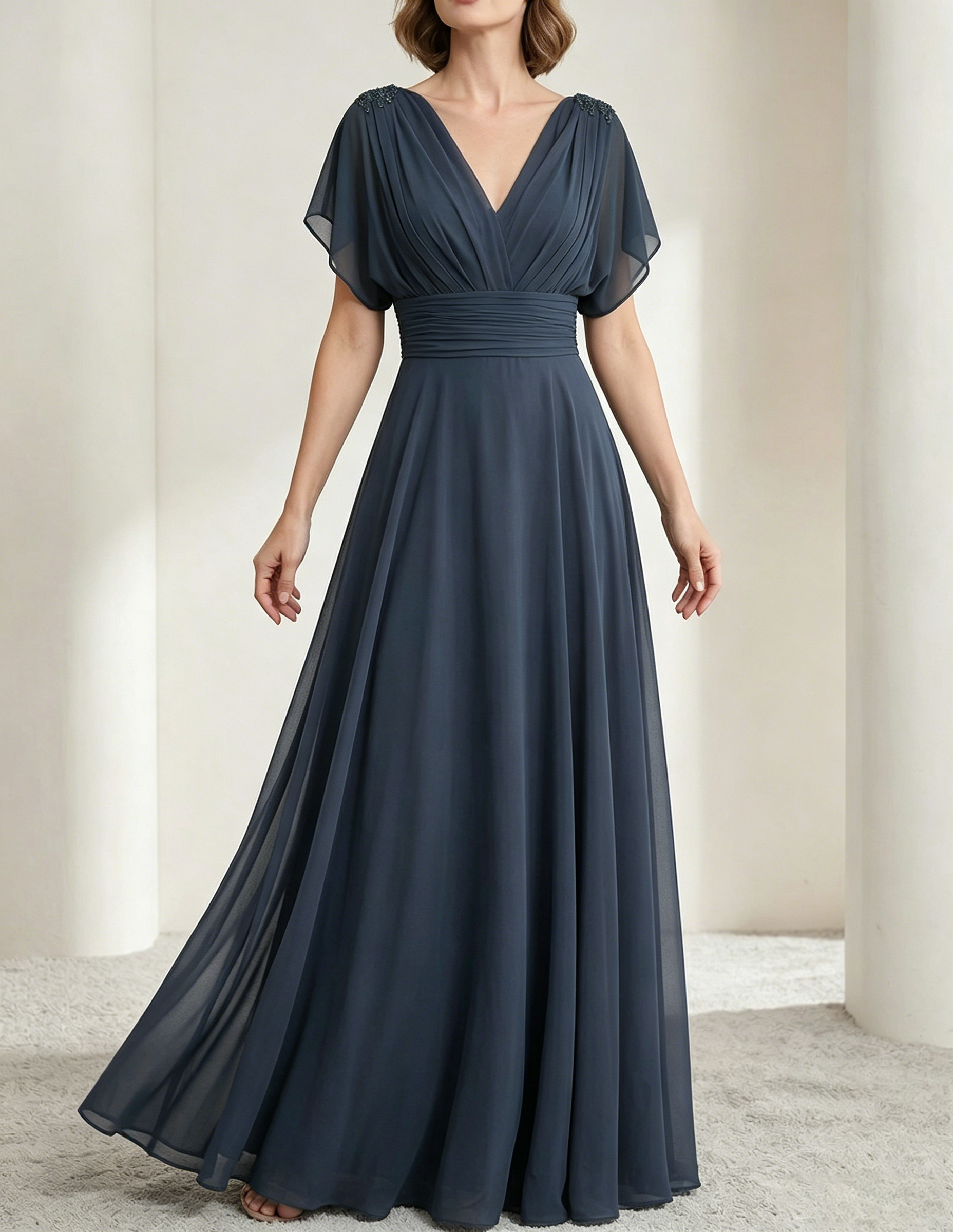 Dark Green Chiffon Draped Neckline Fitted Waist Maxi Dress