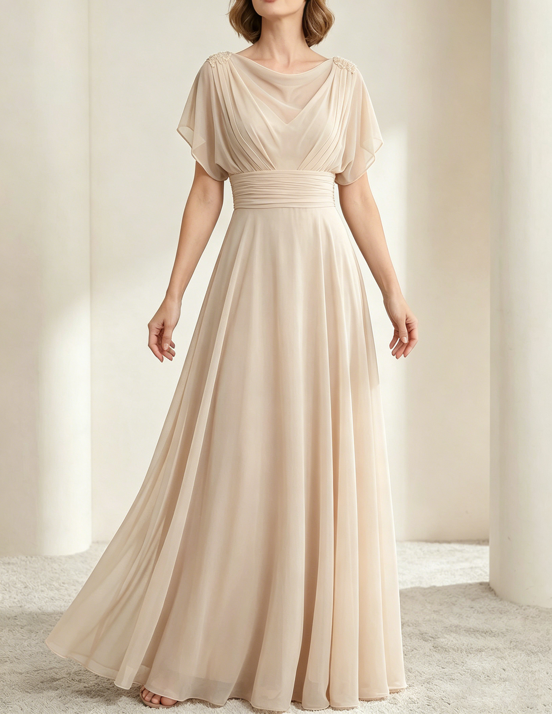 Dark Green Chiffon Draped Neckline Fitted Waist Maxi Dress