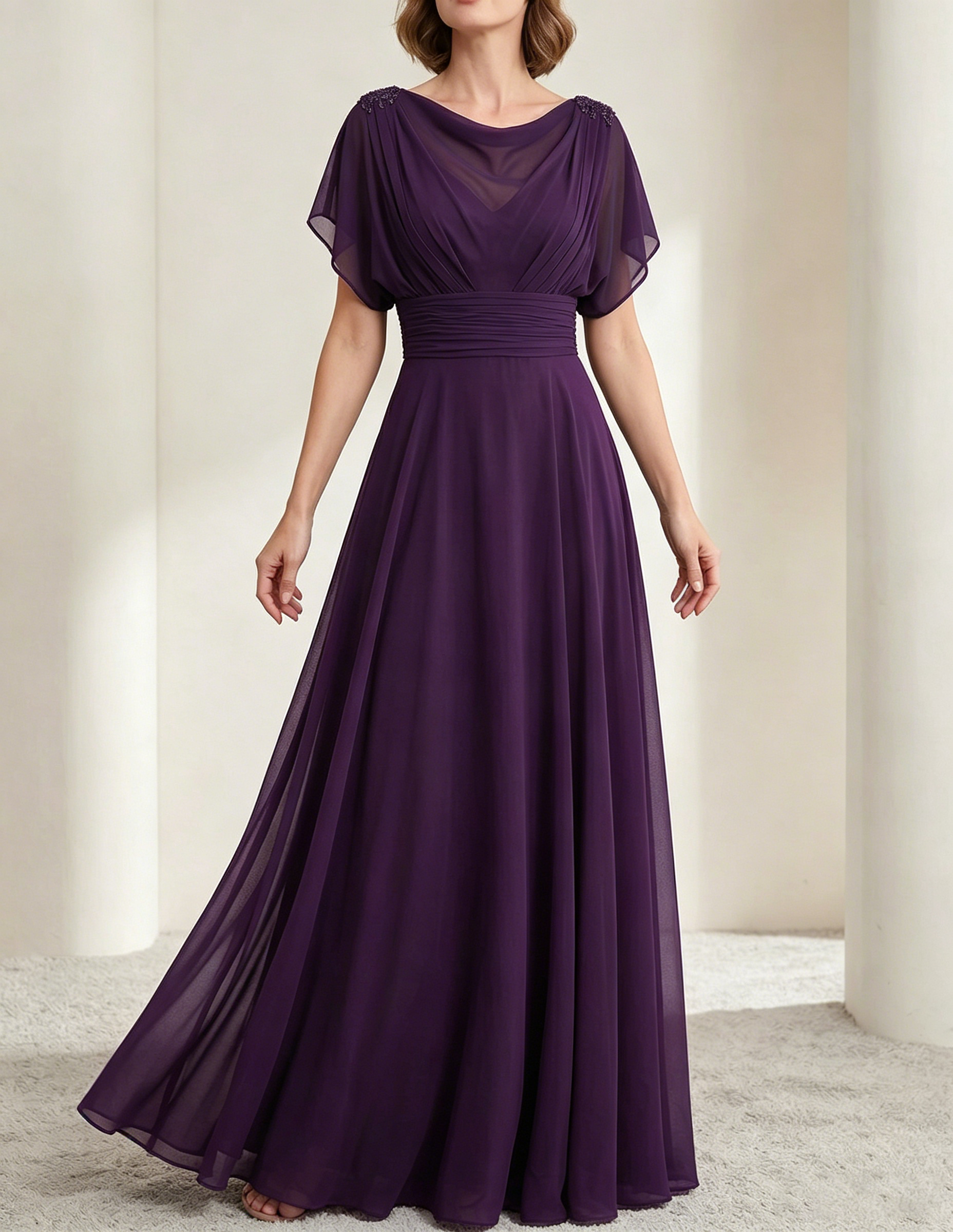 Dark Green Chiffon Draped Neckline Fitted Waist Maxi Dress