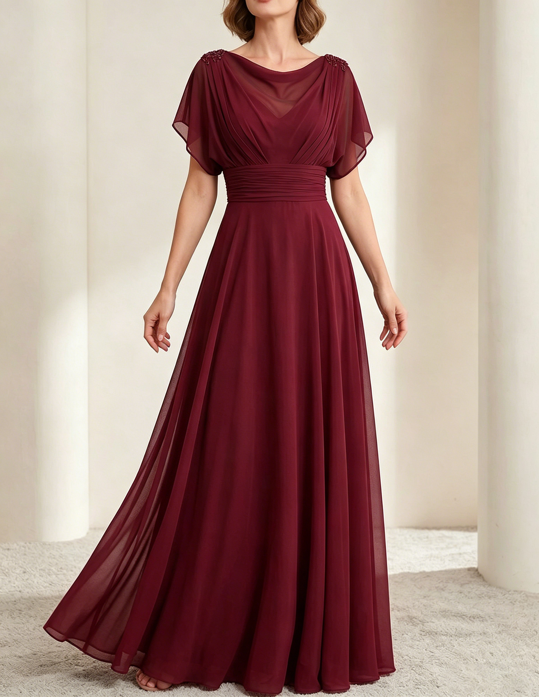 Dark Green Chiffon Draped Neckline Fitted Waist Maxi Dress