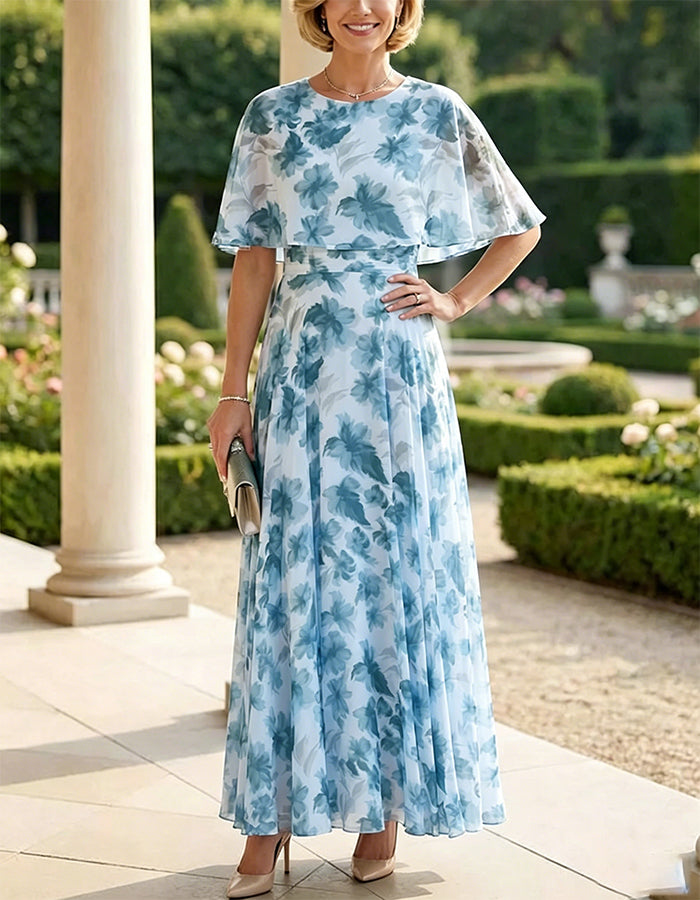 Green Floral Print Chiffon Cape Sleeve Maxi Dress