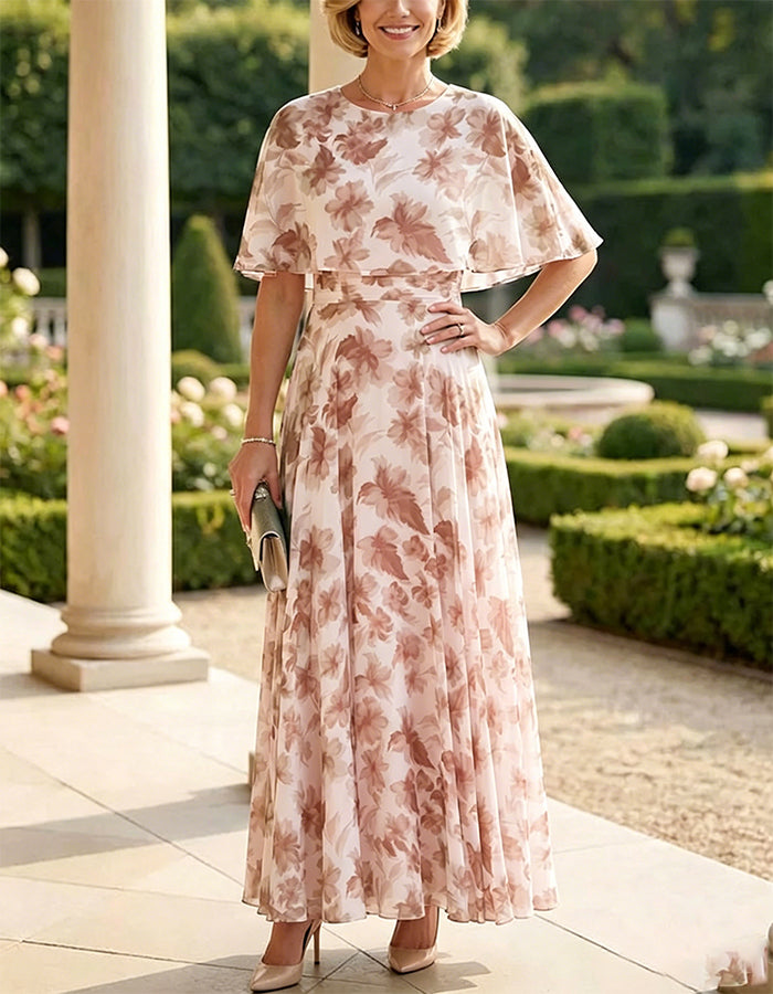 Green Floral Print Chiffon Cape Sleeve Maxi Dress