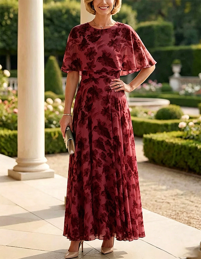 Green Floral Print Chiffon Cape Sleeve Maxi Dress