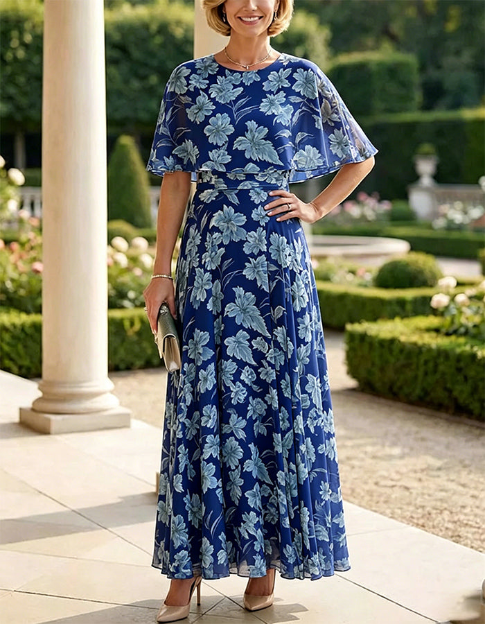 Green Floral Print Chiffon Cape Sleeve Maxi Dress
