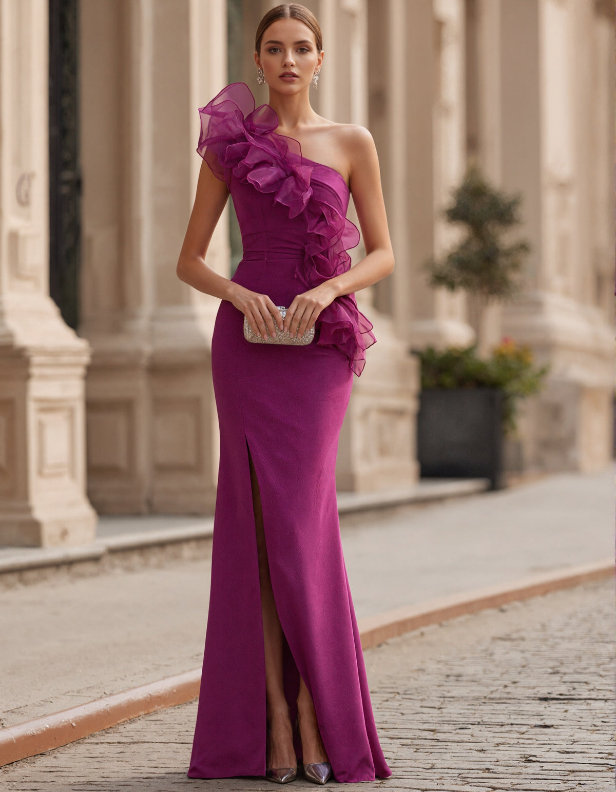 Rose Pink One Shoulder 3D Organza Ruffle Maxi Dress