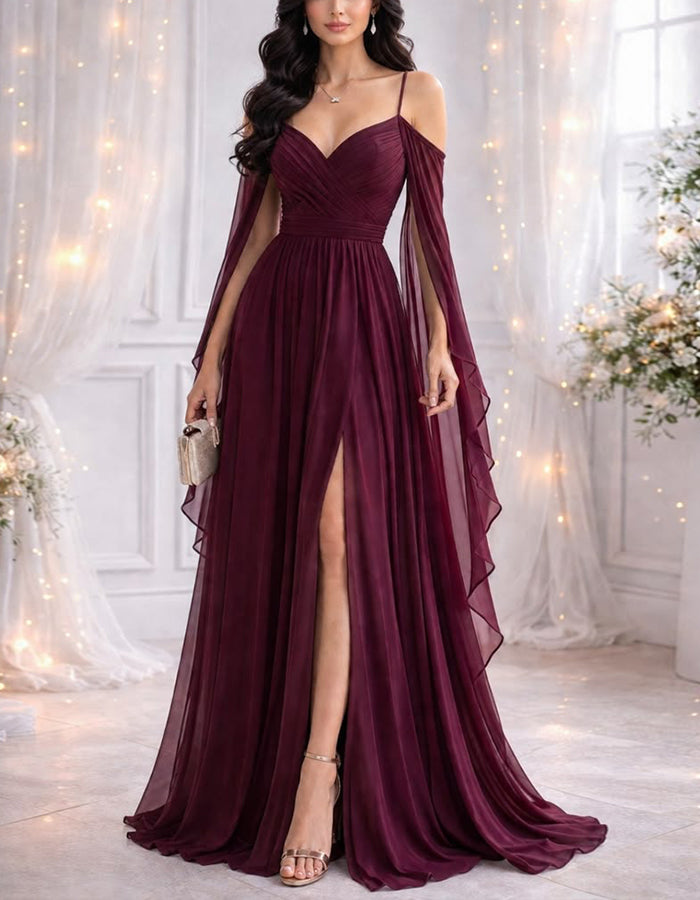 Burgundy Chiffon Off Shoulder Camisole Maxi Dress