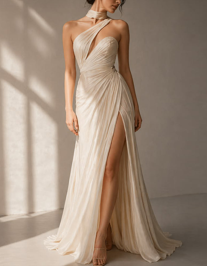Light Champagne Colored Chiffon Open Back Cutout Maxi Dress