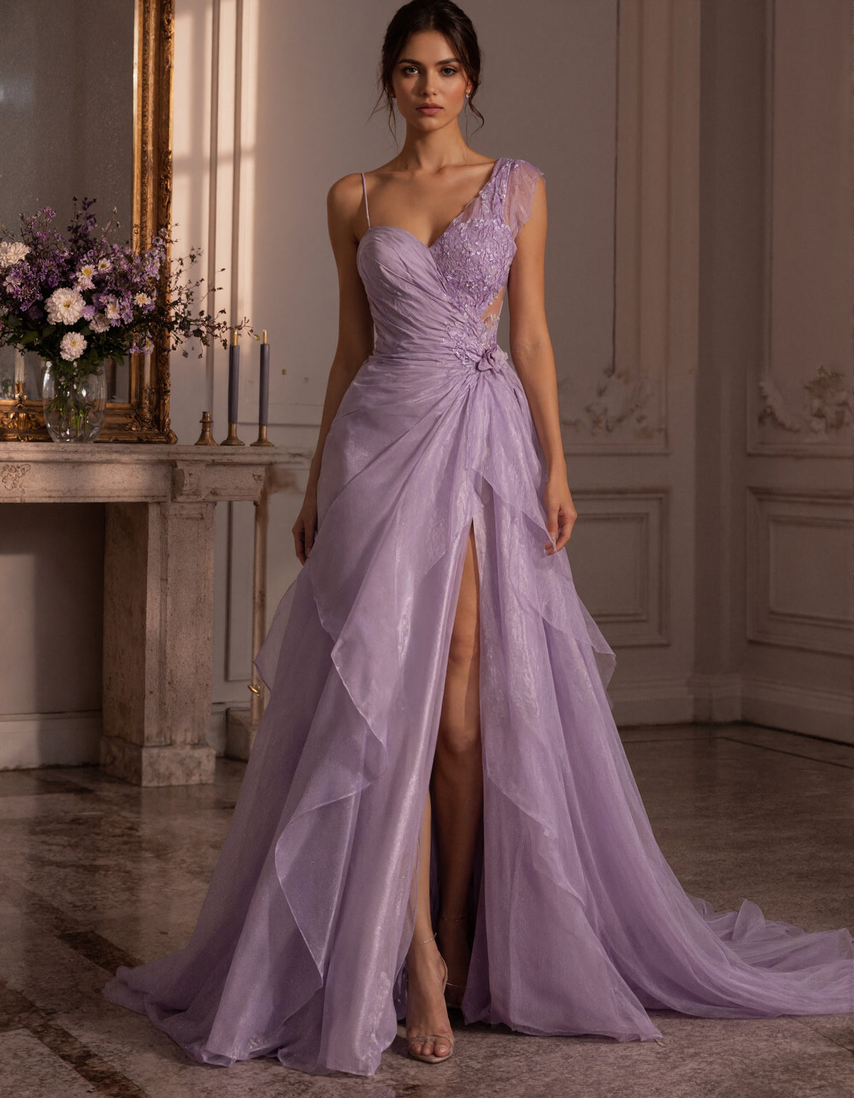 Lavender Colored Tulle Lace Appliqué Maxi Dress