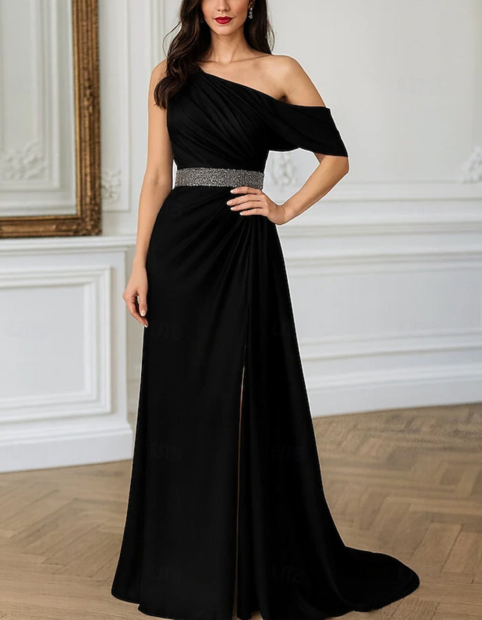 Solid Color One Shoulder Draped Sleeve Satin Maxi Dress