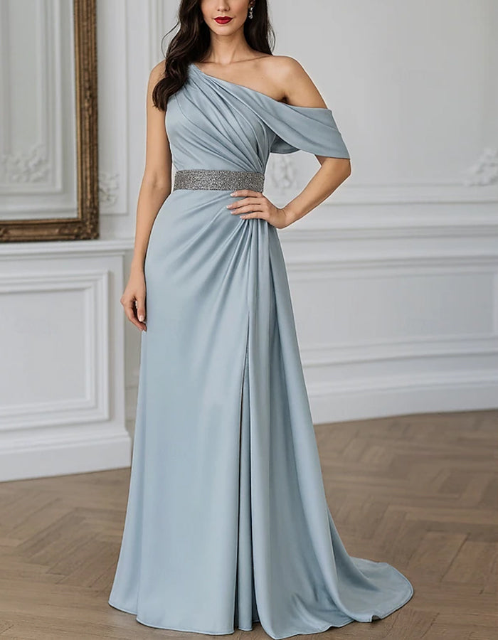 Solid Color One Shoulder Draped Sleeve Satin Maxi Dress
