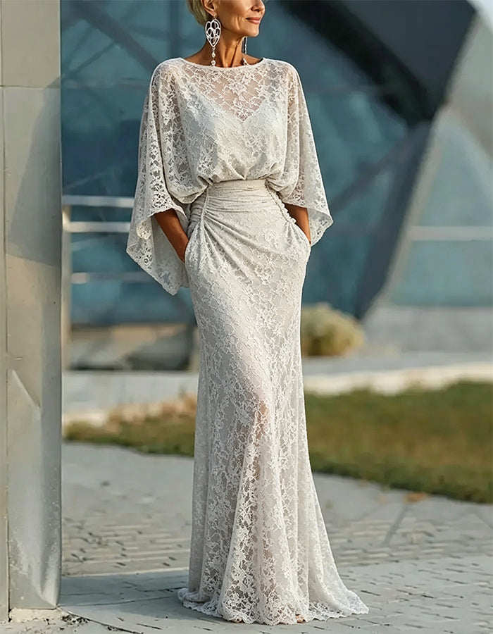 White Floral Lace Round Neck Batwing Sleeves Flared Pleats Maxi Dress