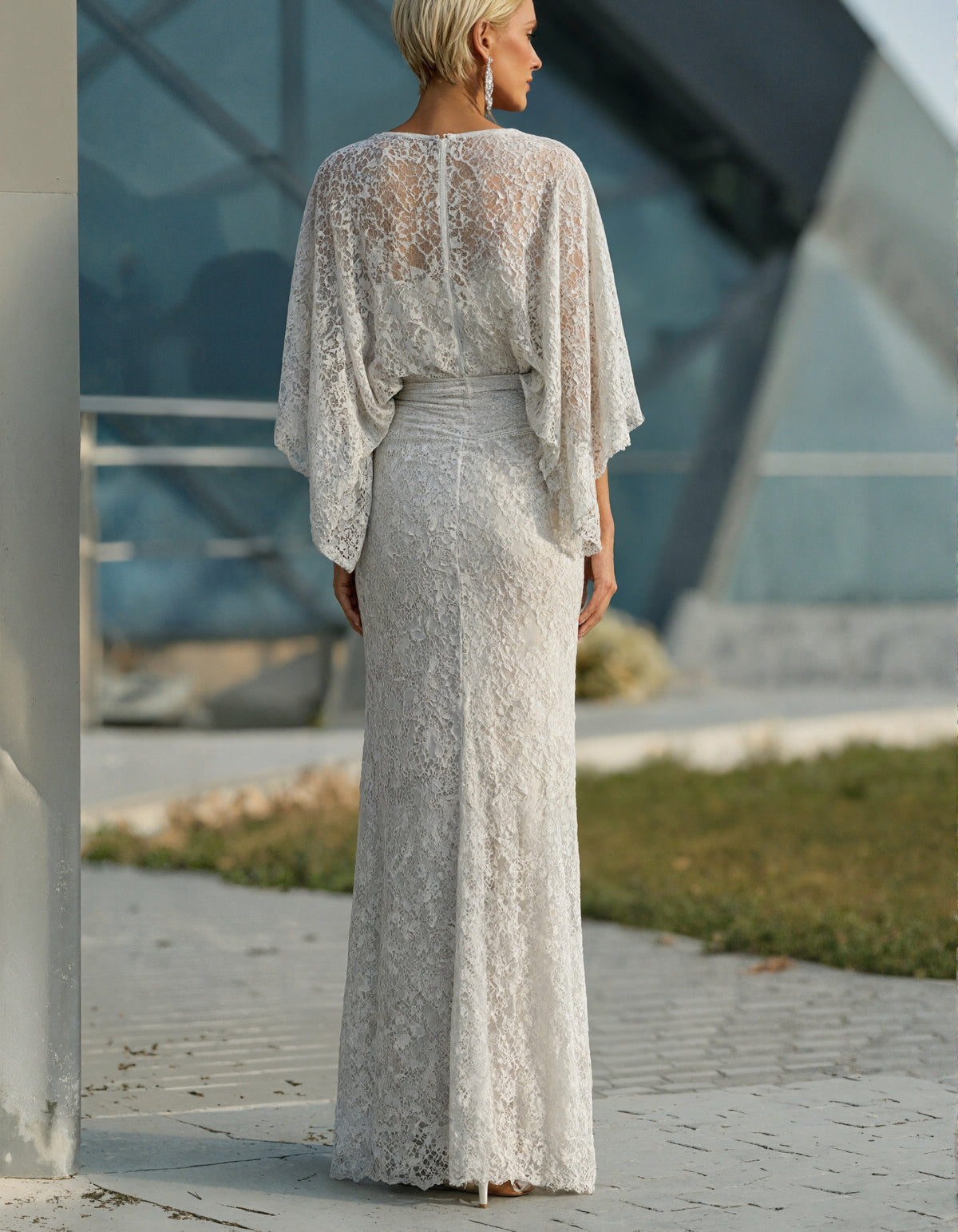 White Floral Lace Round Neck Batwing Sleeves Flared Pleats Maxi Dress