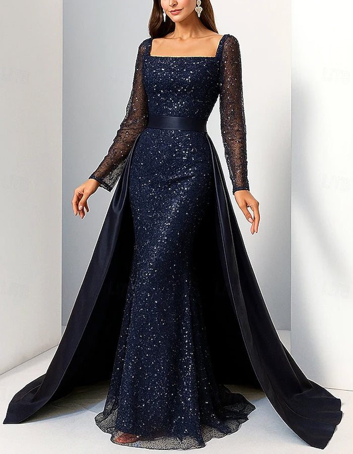 Navy Blue Sequined Square Neck Maxi Dress