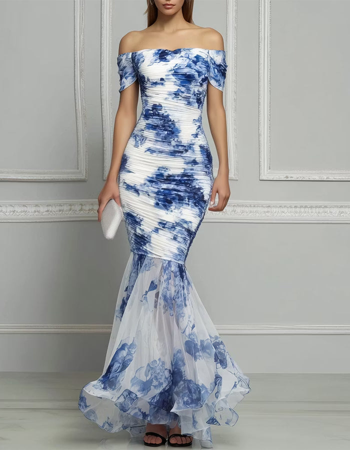 Blue And White Porcelain Ink Print Chiffon Off Shoulder Maxi Dress