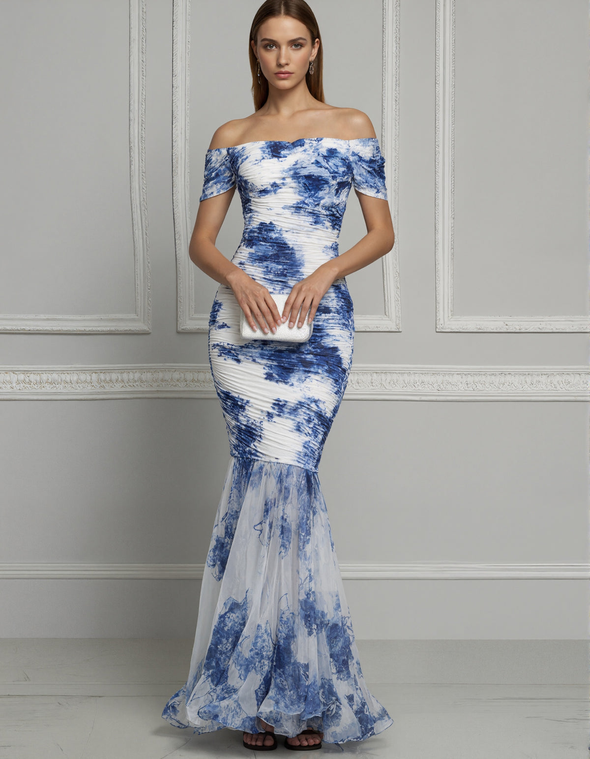 Blue And White Porcelain Ink Print Chiffon Off Shoulder Maxi Dress