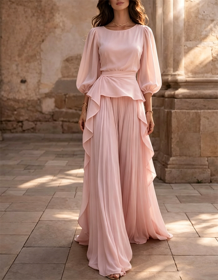 Pink Puff Sleeves Chiffon 2-piece Set