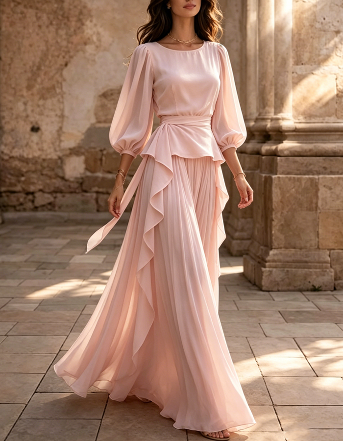 Pink Puff Sleeves Chiffon 2-piece Set