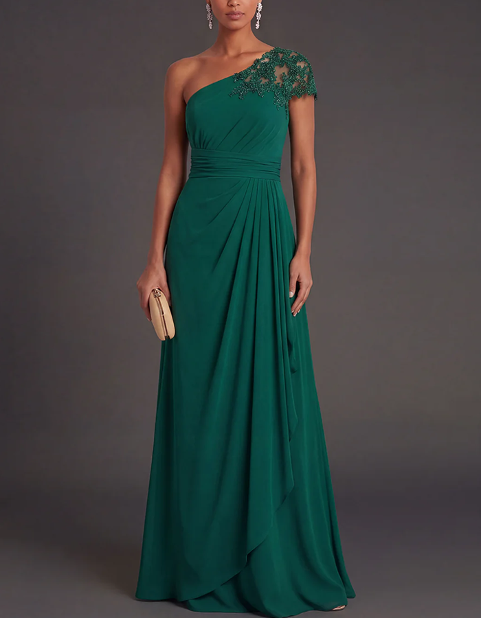 Emerald Green Chiffon One-shoulder Maxi Dress