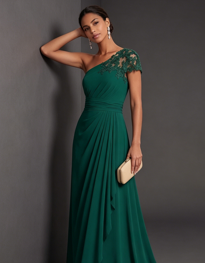 Emerald Green Chiffon One-shoulder Maxi Dress
