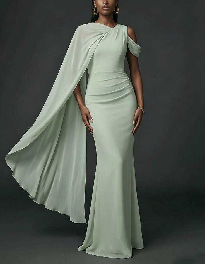 Sage Green Chiffon Asymmetrical Off The Shoulder Maxi Dress
