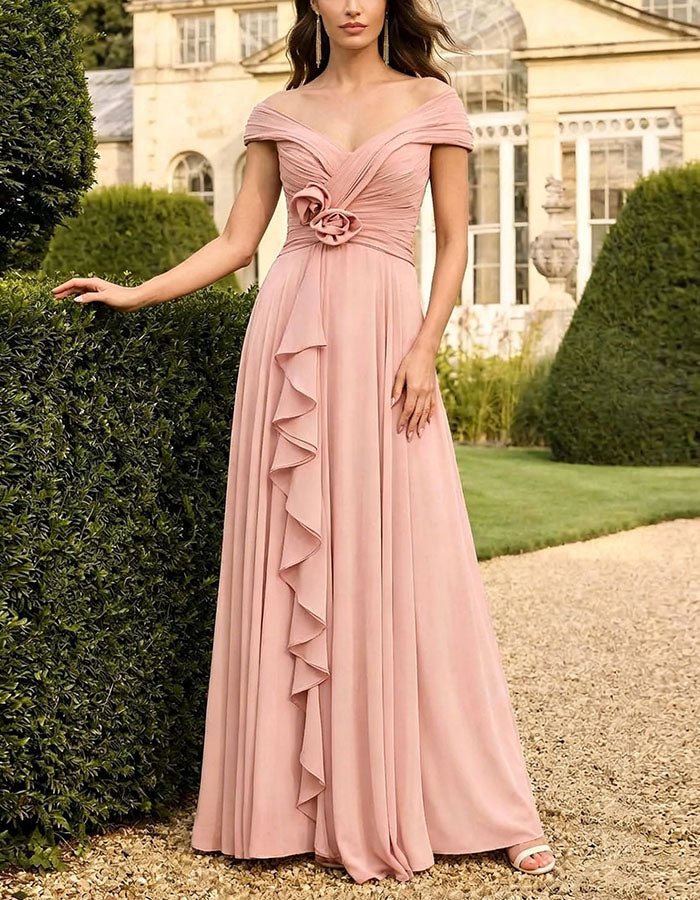 Pink Off The Shoulder Chiffon Maxi Dress