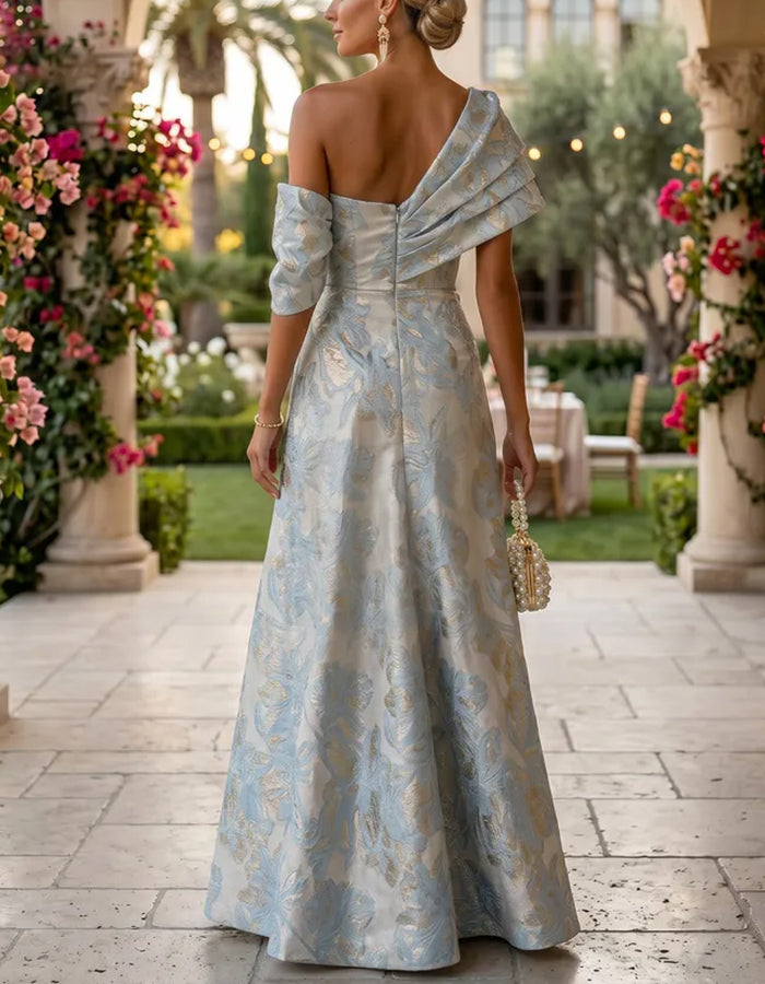 Light Blue Gold Jacquard Strapless Fold Bow Shoulder Maxi Dress