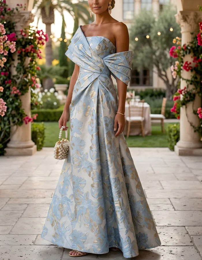 Light Blue Gold Jacquard Strapless Fold Bow Shoulder Maxi Dress