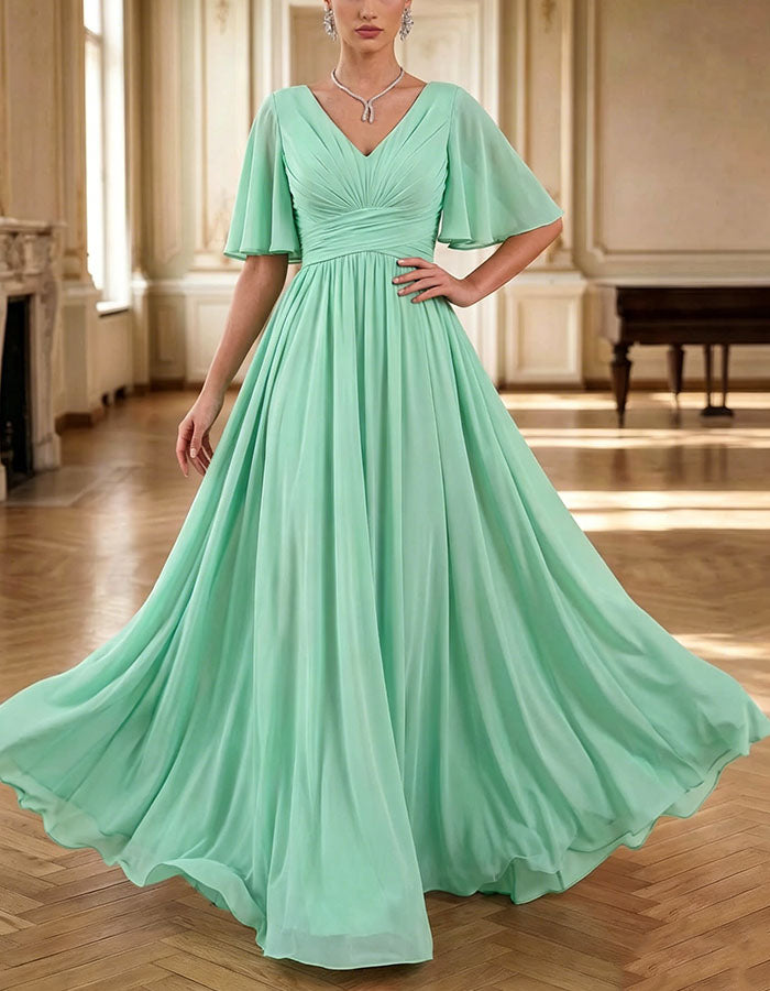 Mint Green Chiffon V-Neck Flutter Sleeve Maxi Dress