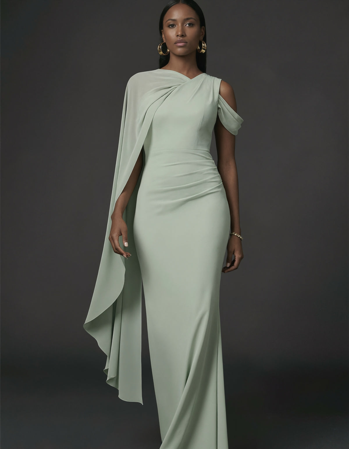Sage Green Chiffon Asymmetrical Off The Shoulder Maxi Dress