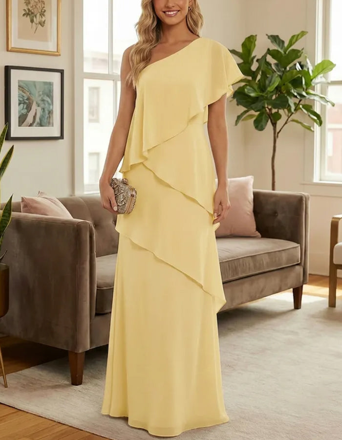 One Shoulder Multi Tiered Asymmetric Ruffle Chiffon Maxi Dress