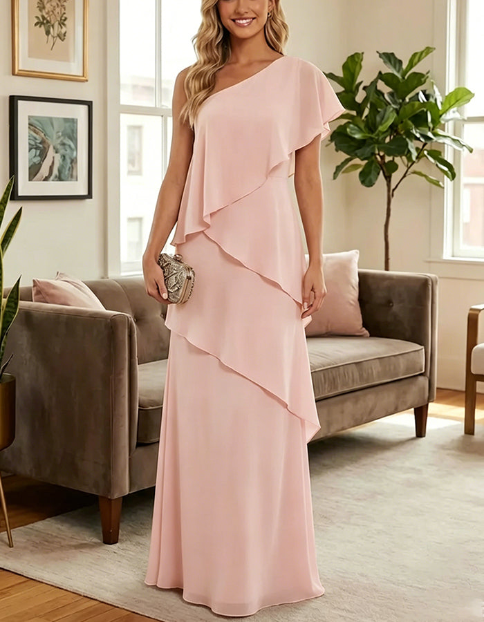 One Shoulder Multi Tiered Asymmetric Ruffle Chiffon Maxi Dress