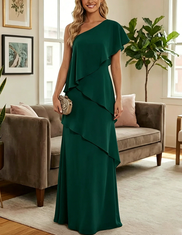 One Shoulder Multi Tiered Asymmetric Ruffle Chiffon Maxi Dress