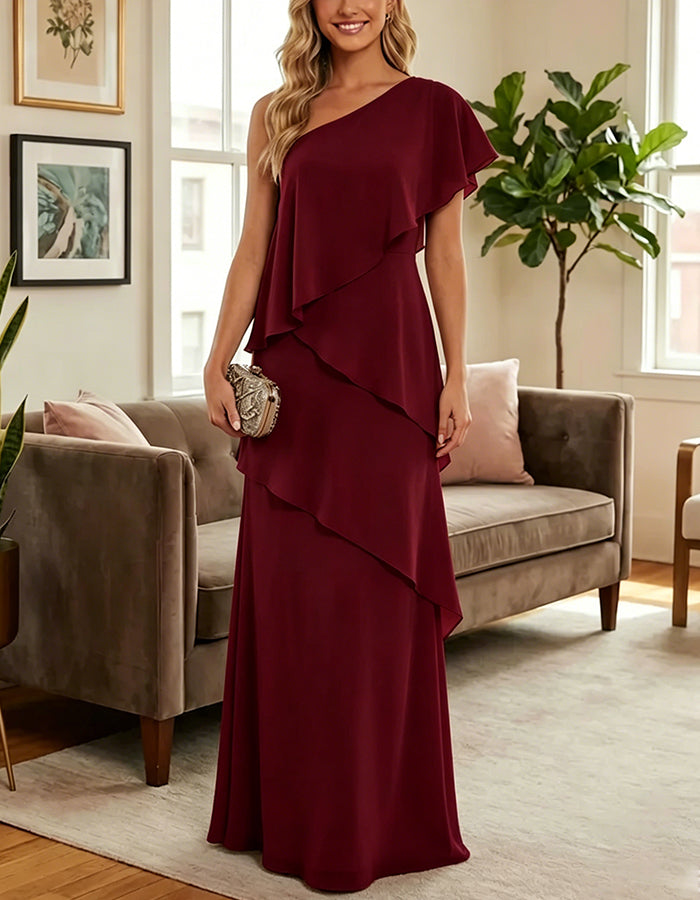 One Shoulder Multi Tiered Asymmetric Ruffle Chiffon Maxi Dress