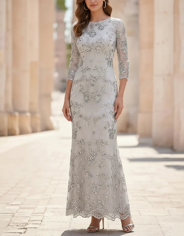 Champagne Round Neck Floral Sequin Mesh Mermaid Maxi Dress
