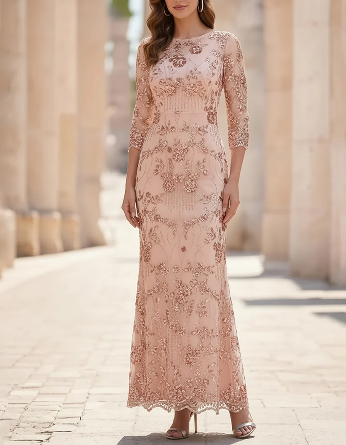 Champagne Round Neck Floral Sequin Mesh Mermaid Maxi Dress