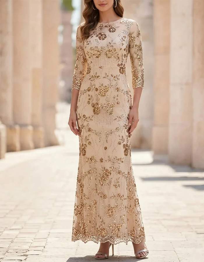 Champagne Round Neck Floral Sequin Mesh Mermaid Maxi Dress