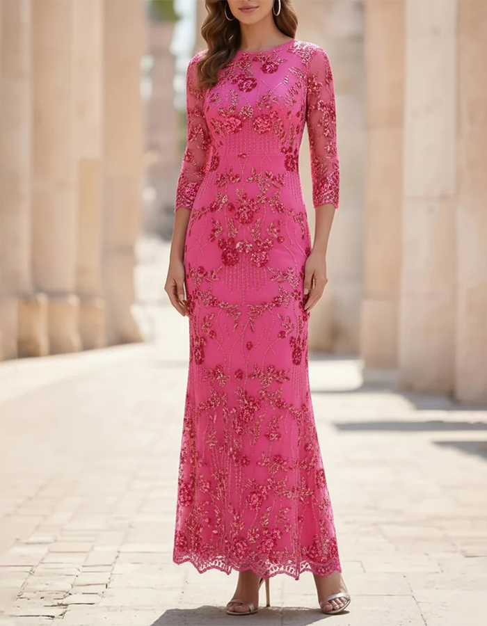 Champagne Round Neck Floral Sequin Mesh Mermaid Maxi Dress