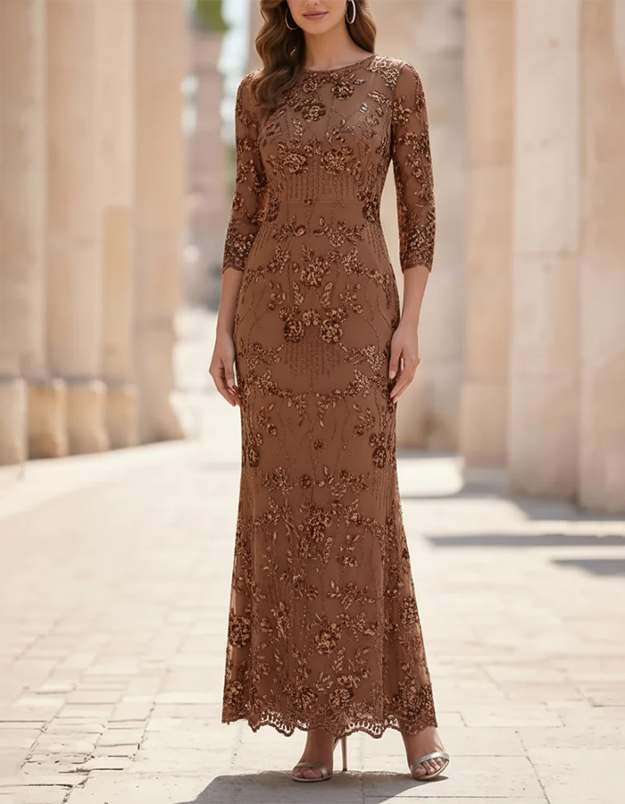 Champagne Round Neck Floral Sequin Mesh Mermaid Maxi Dress