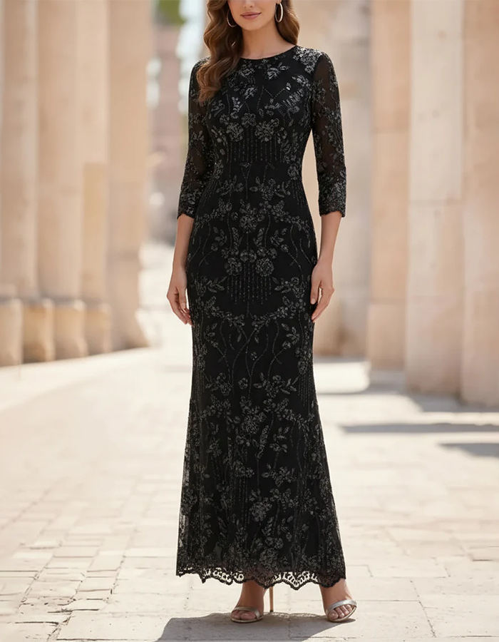 Champagne Round Neck Floral Sequin Mesh Mermaid Maxi Dress