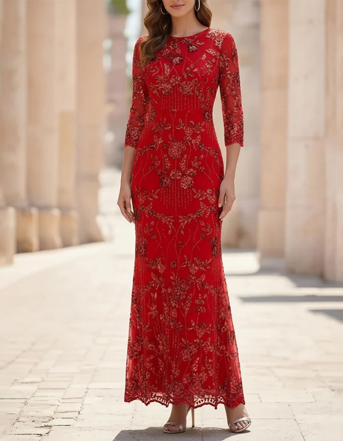 Champagne Round Neck Floral Sequin Mesh Mermaid Maxi Dress