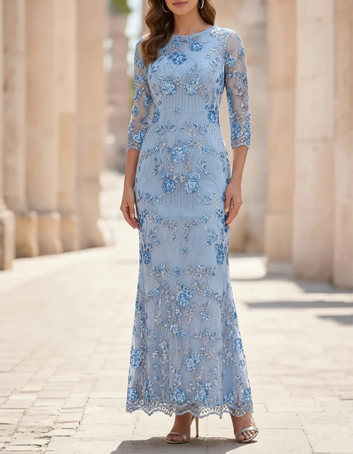 Champagne Round Neck Floral Sequin Mesh Mermaid Maxi Dress